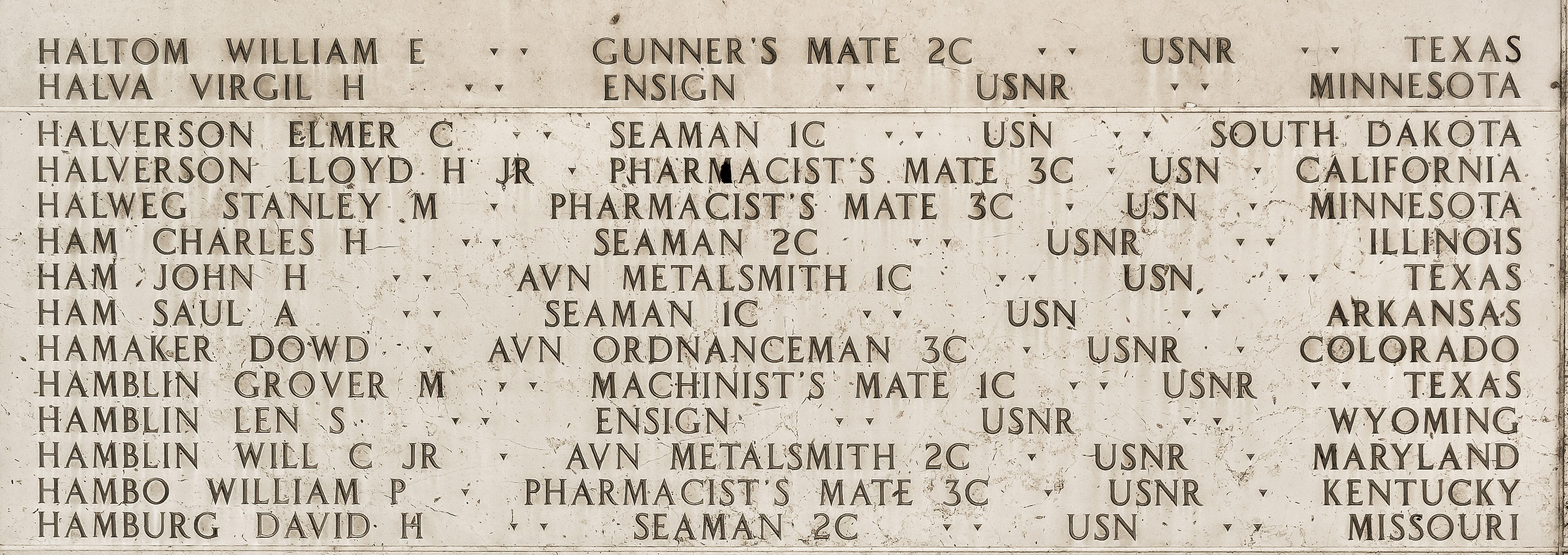 Stanley M. Halweg, Pharmacist's Mate Third Class